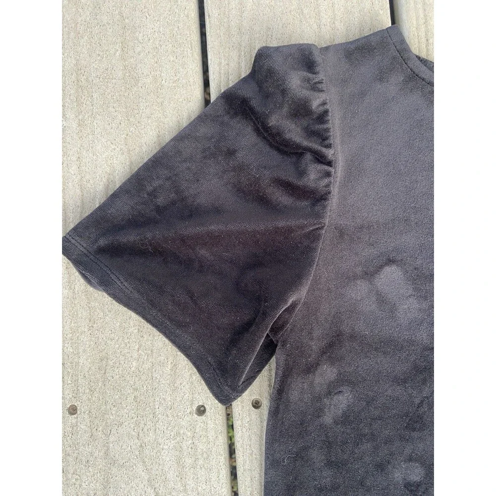 LOFT Petites Black Velvet Puff Sleeve Top L Soft Stretch Short Sleeve Romantic